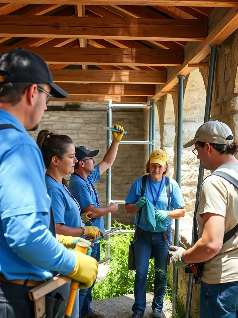A photo of volunteers working on the restoration of a historical monument, showing teamwork and dedication, with tools and materials scattered around.