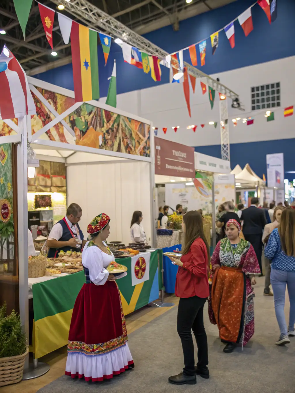 A photo of a cultural exchange event, featuring people from different backgrounds interacting and sharing traditions, with colorful displays and performances.