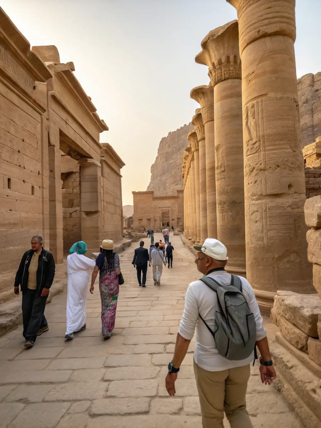 A photo of a group of adults on a guided tour of a historical site, led by a knowledgeable guide, with ancient ruins and artifacts visible in the background.