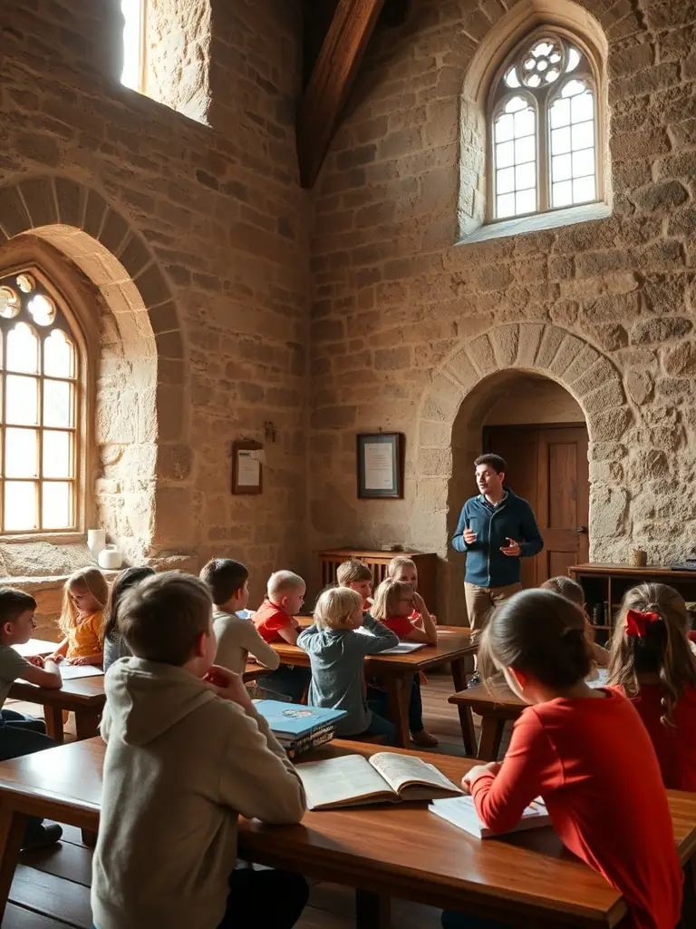 A vibrant photo of children participating in a heritage workshop, learning traditional crafts, set in a historical building with exposed stone walls and natural light.