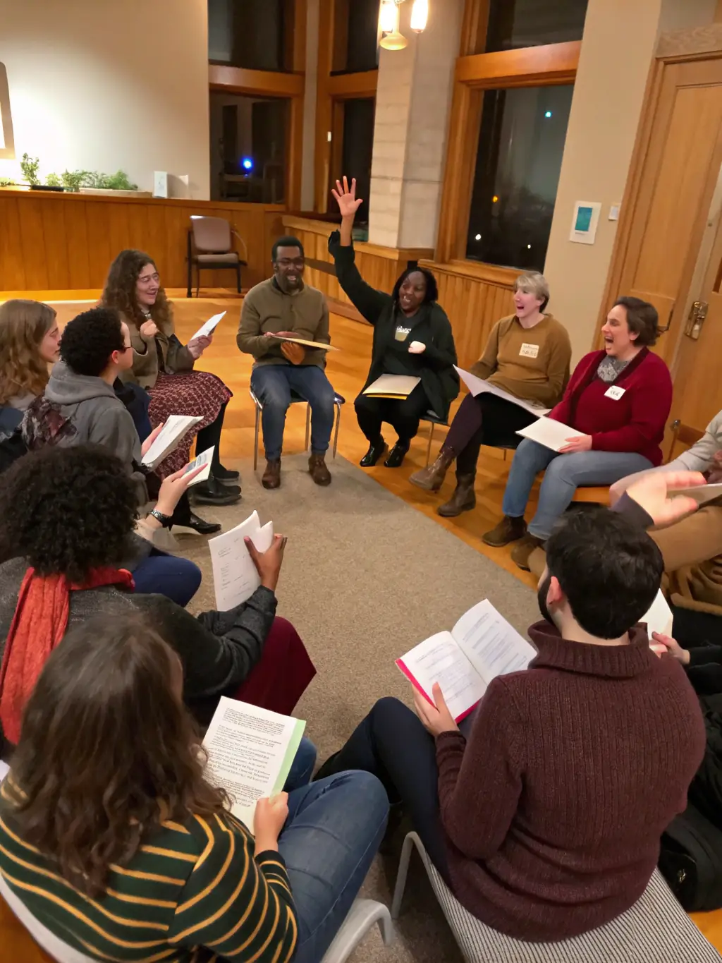 A photograph showcasing an intercultural dialogue session, with participants from diverse backgrounds engaged in a lively discussion. The setting is a modern, inclusive space, emphasizing open communication and mutual understanding.