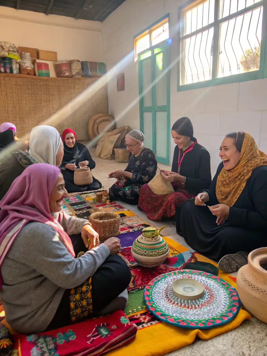 A photograph depicting a group of people participating in a heritage preservation workshop, focusing on traditional crafts. The setting is a rustic, culturally significant location, with participants actively engaged in learning and practicing the craft.